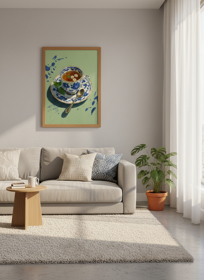 Floral Tea Cup Wall Art | Blue and White Porcelain, Sage Green Kitchen Decor