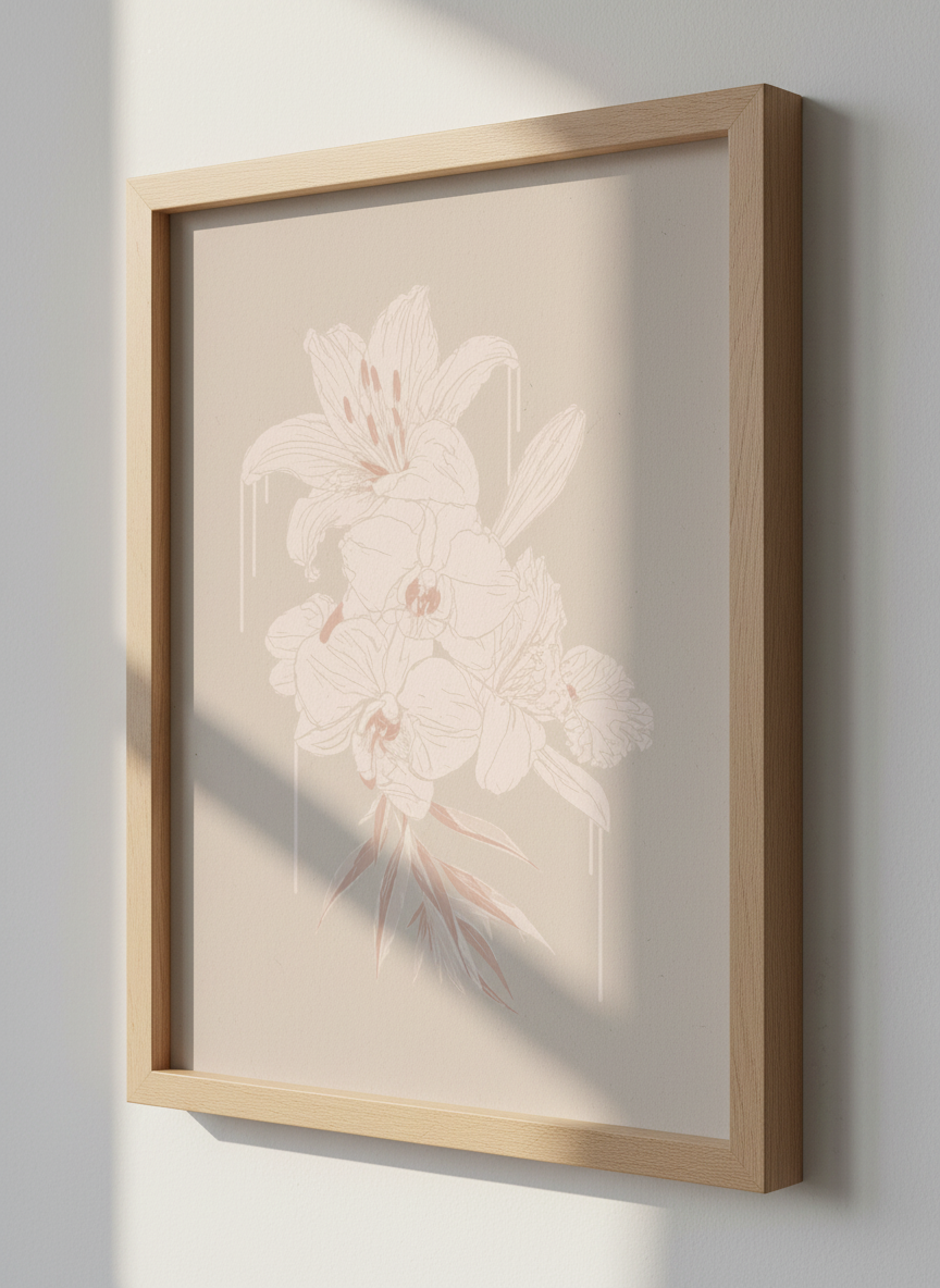 Minimalist Floral Wall Art Print | Boho Bedroom Decor | Soft Pink Orchid &amp; Lily Line Art Poster | Aesthetic Botanical Artwork
