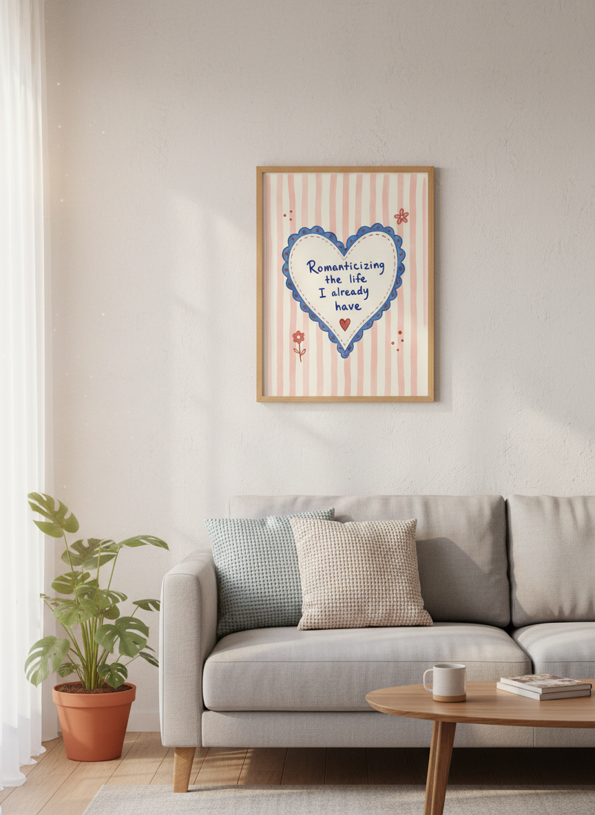 Romanticizing Life Print | Pink &amp; Blue Heart Wall Art, Aesthetic Decor | Cozy Home