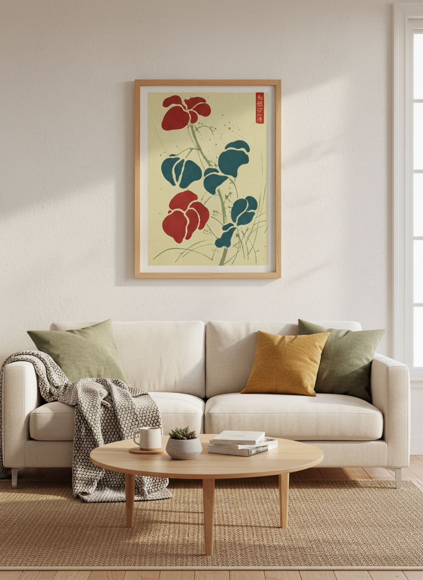 Japanese Woodblock Floral Wall Art | Red &amp; Teal Botanical Print, Japandi Decor