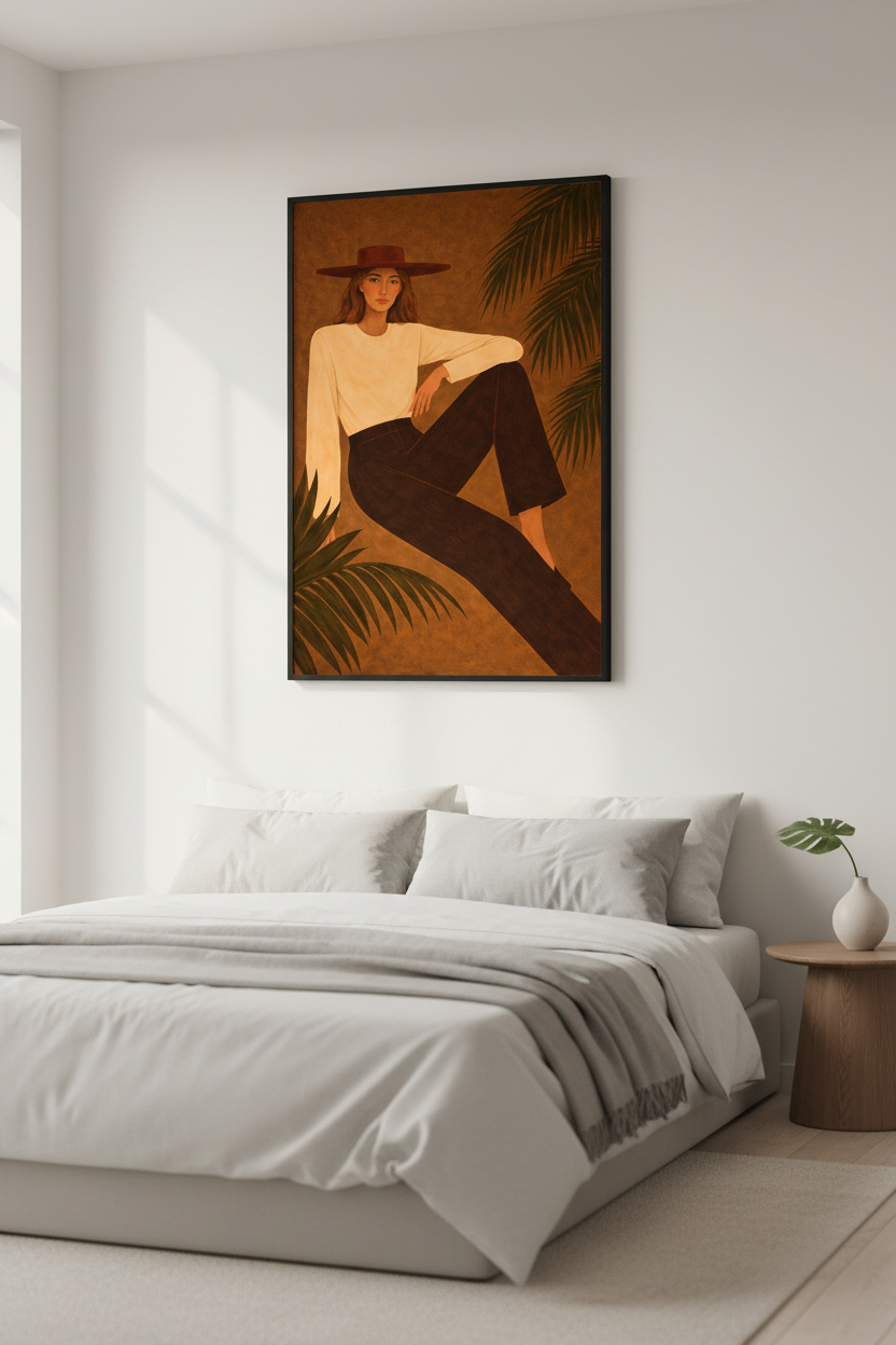 Boho Woman Portrait Framed Art Print | Living Room Decor | Mid-Century Modern Abstract Girl Wall Art | Ready to Hang Poster