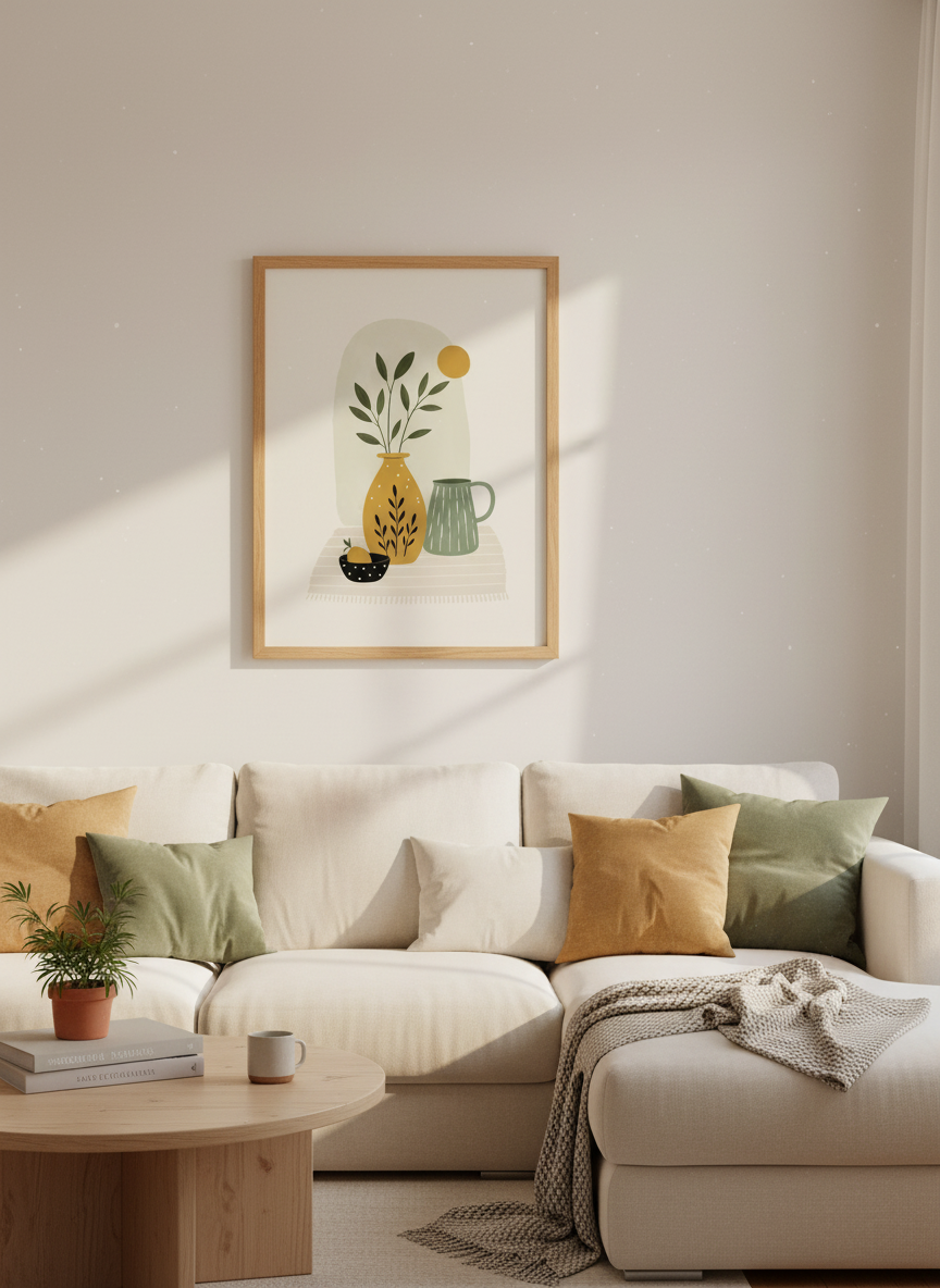 Boho Botanical Still Life Wall Art | Sage &amp; Mustard Neutral Decor | Japandi Poster