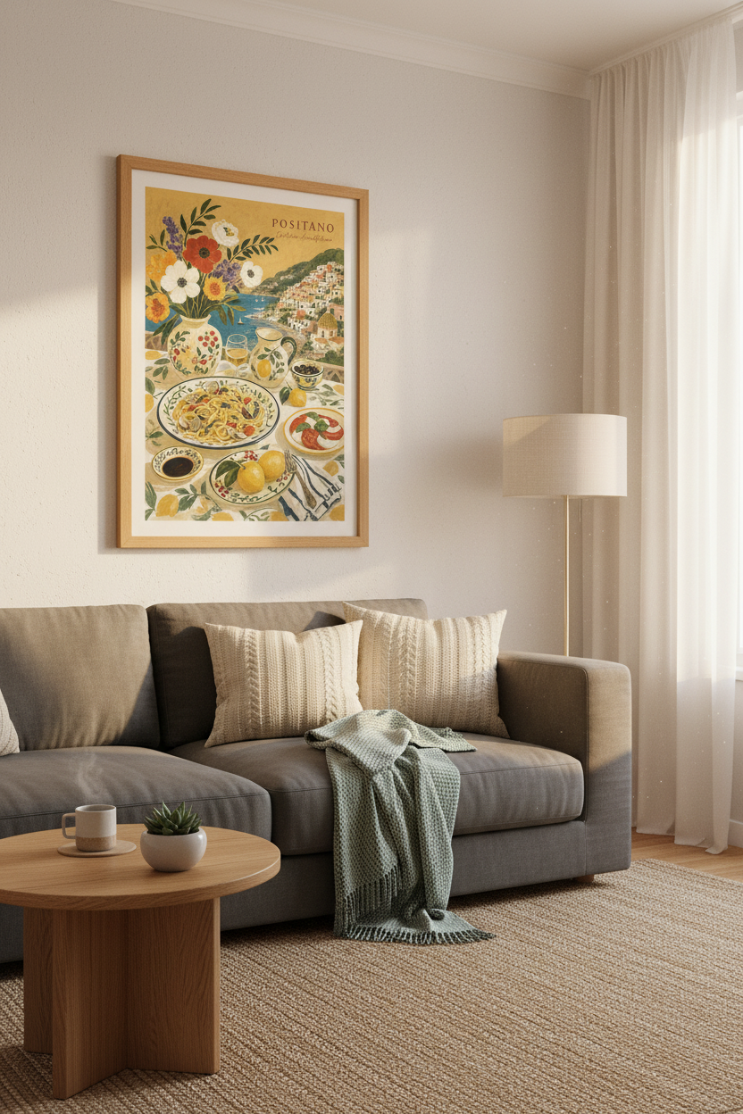 Positano Italy Still Life Wall Art | Mediterranean Food &amp; Coast Poster | Kitchen Decor