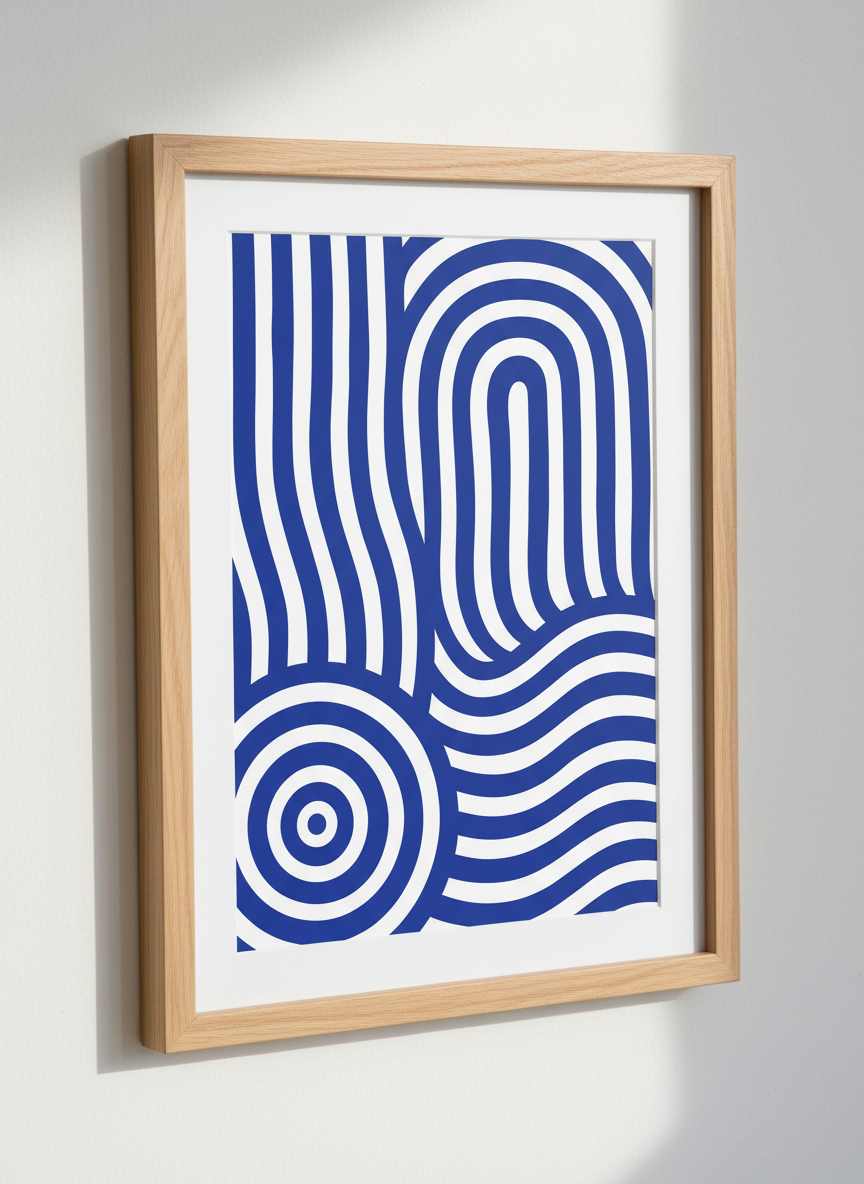 Abstract Wavy Blue &amp; White Striped Wall Art Print | Modern Living Room Decor | Geometric Poster | Mid-Century Aesthetic