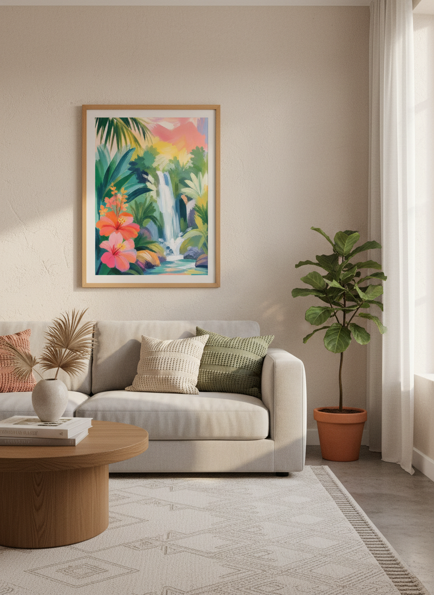Tropical Jungle Waterfall Print | Vibrant Hibiscus Landscape, Boho Wall Art Decor
