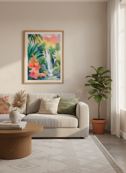 Tropical Jungle Waterfall Print | Vibrant Hibiscus Landscape, Boho Wall Art Decor
