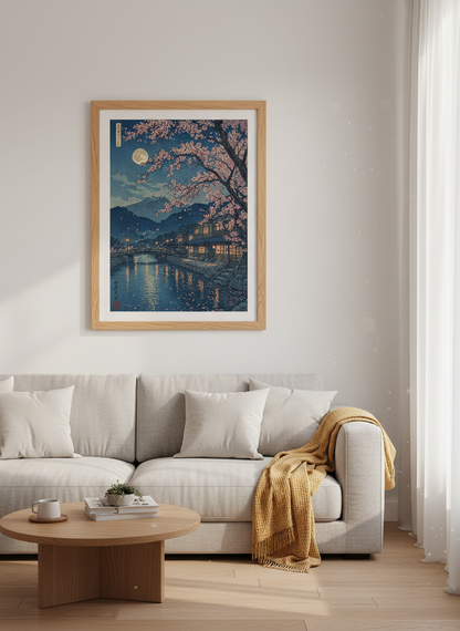 Mount Fuji Cherry Blossom Print | Japanese Night Landscape, Bedroom Decor Art