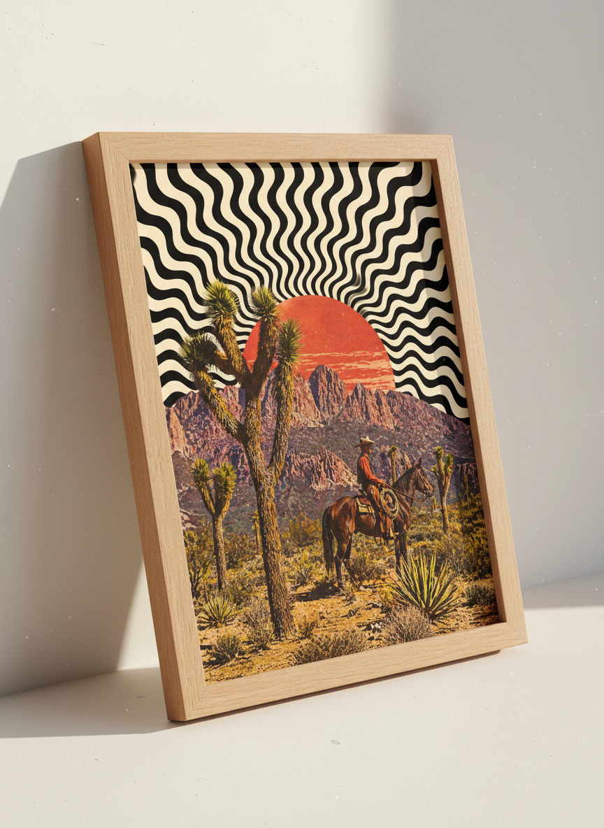 Retro Desert Cowboy Wall Art Print | Mid Century Modern Decor | Psychedelic Western Poster | Framed Unframed Digital Instant Download