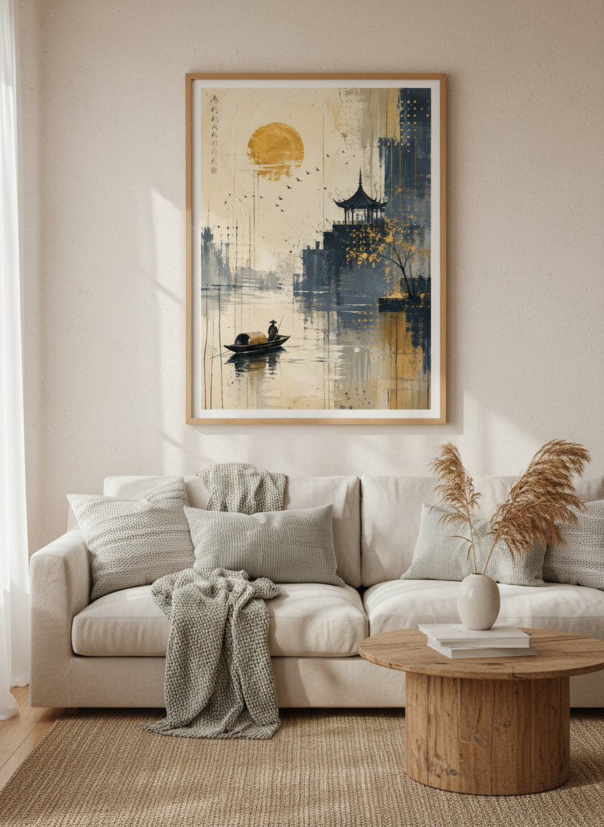 Japanese Pagoda Landscape Art | Navy &amp; Gold Abstract, Zen Home Decor Poster