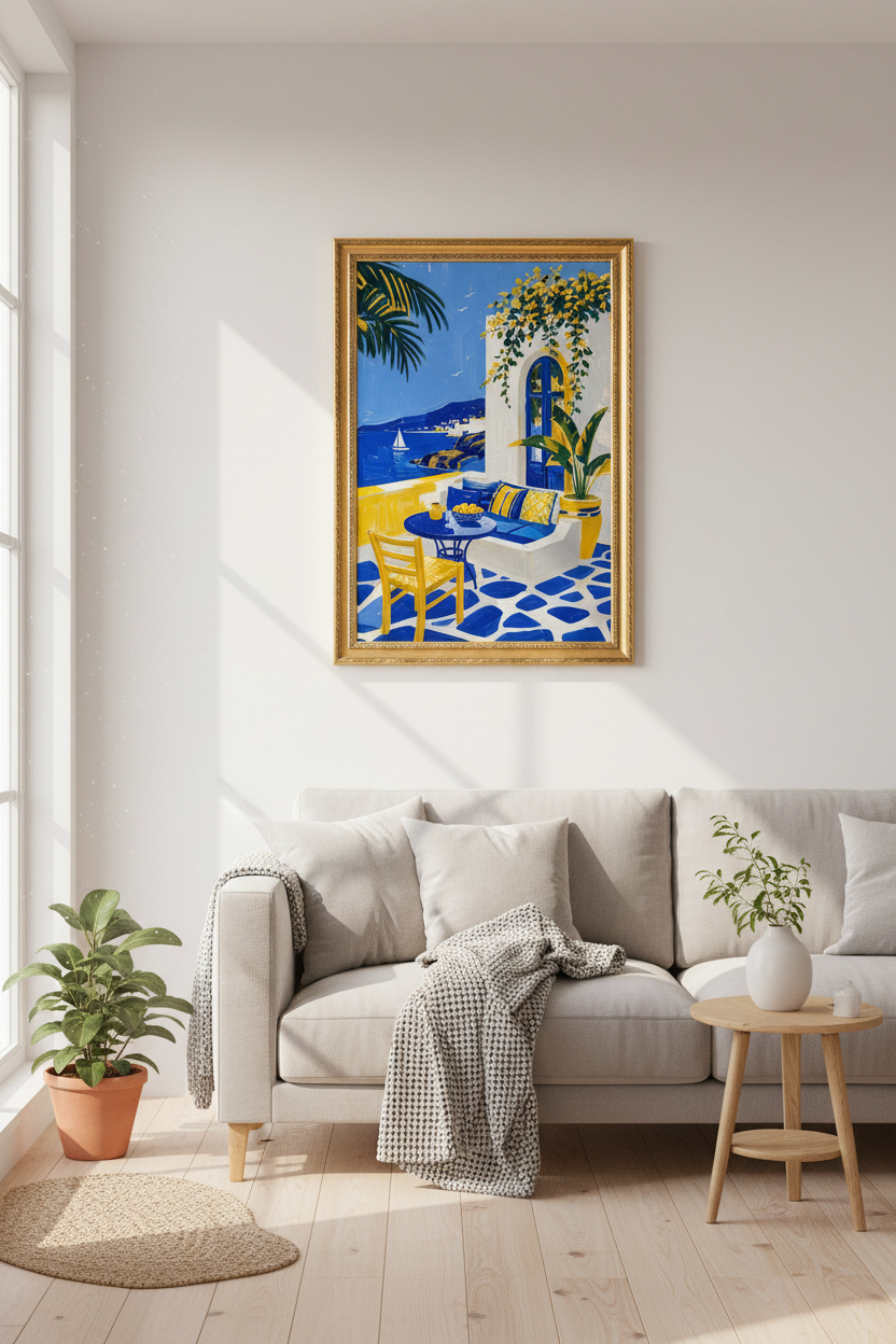 Mediterranean poster | Coastal Blue Yellow, Living Room Decor