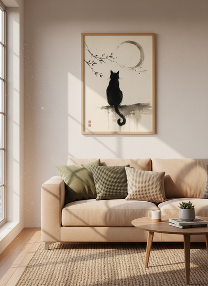Japanese Black Cat Moon Wall Art | Minimalist Ink Poster | Zen Living Room Decor