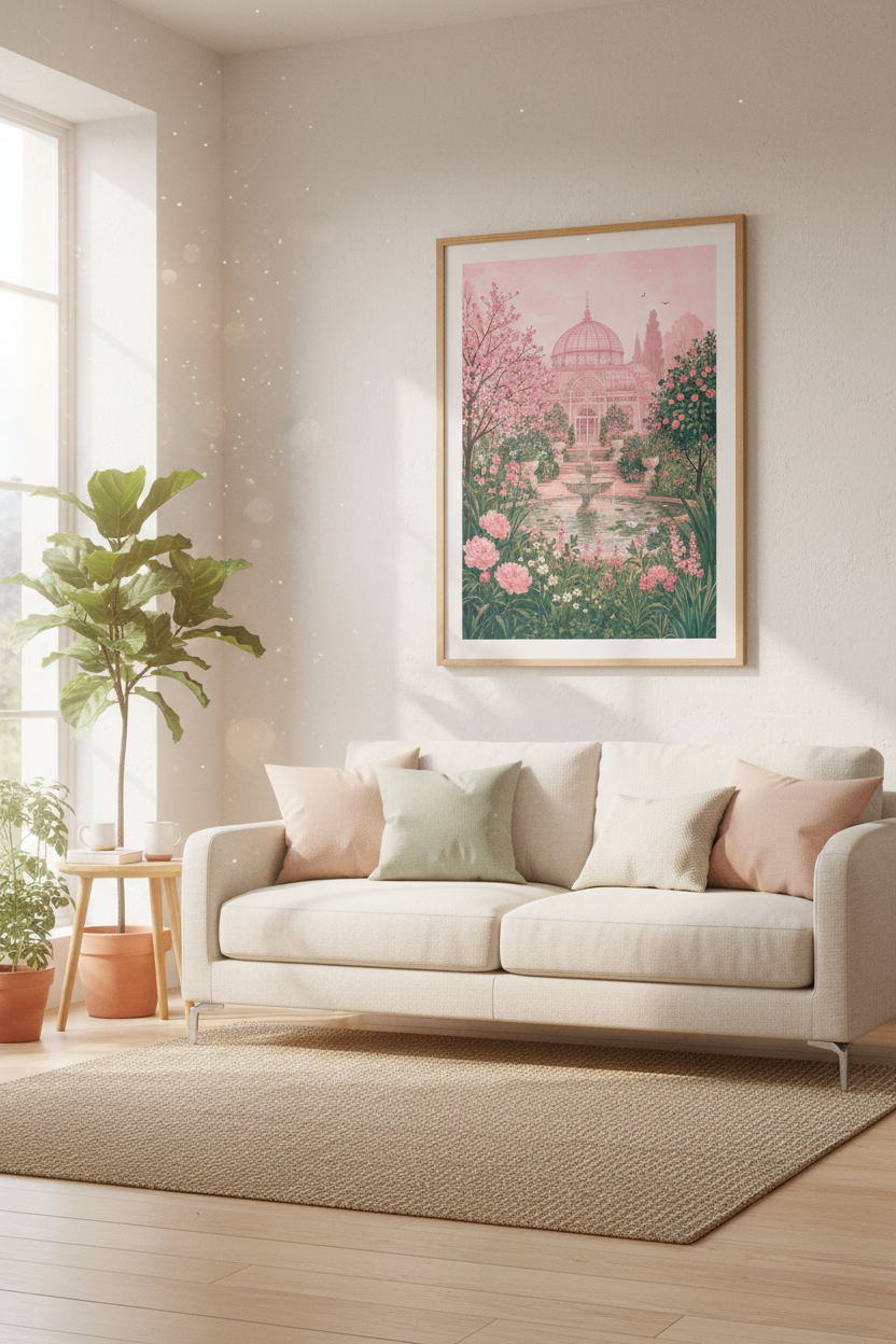 Pink Botanical Greenhouse Wall Art | Romantic Floral Garden Poster, Cottagecore Decor