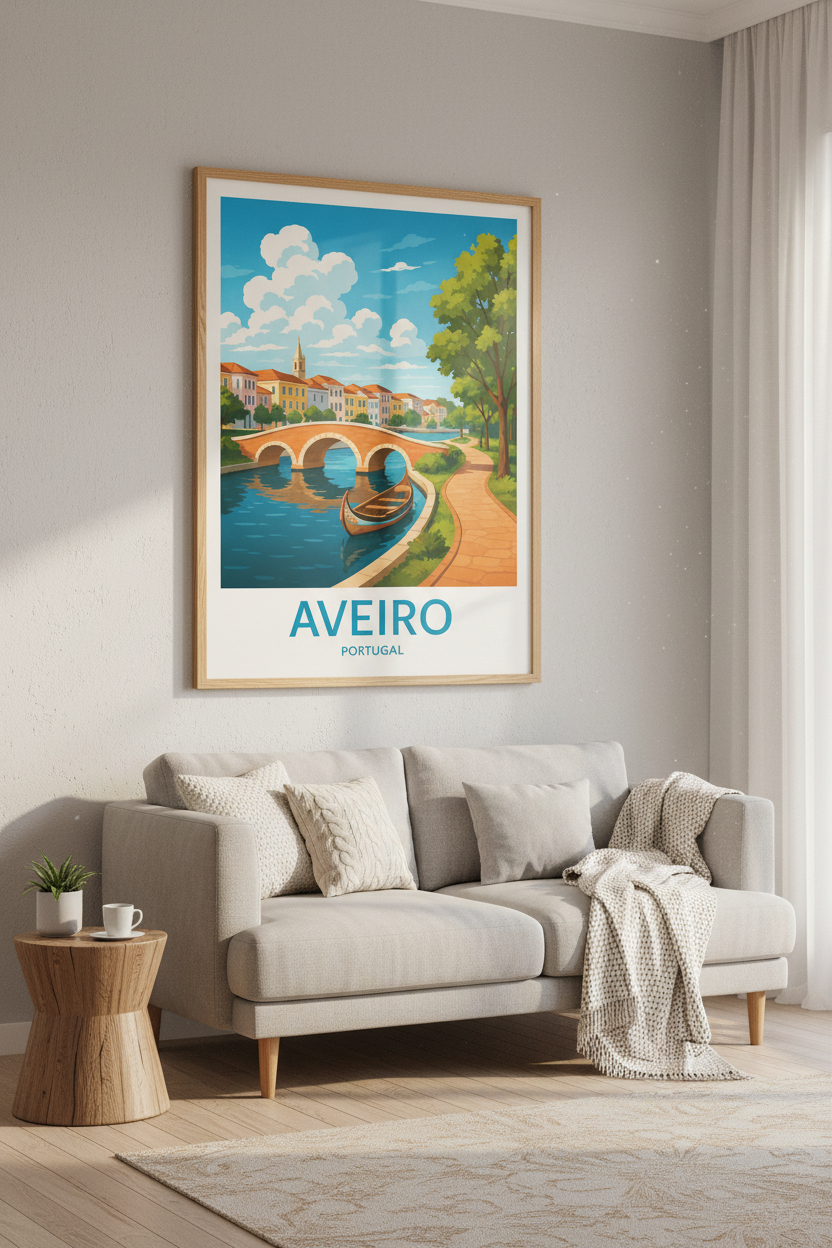 Aveiro Portugal Wall Art | Vintage Travel Poster, Colorful Canal Scene Print
