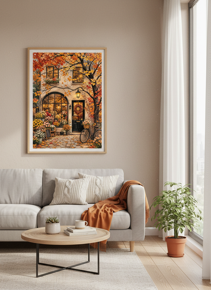 Autumn Flower Shop Wall Art | Rustic Fall Storefront Decor | European Aesthetic Poster