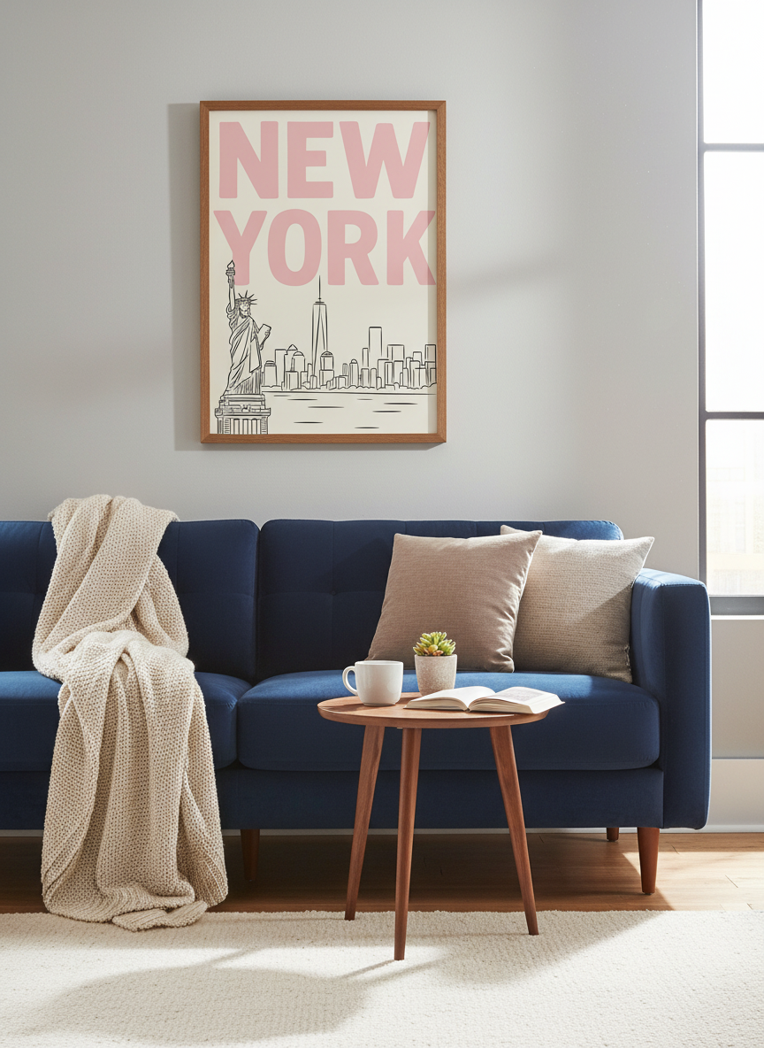 Preppy NYC Skyline Print - Pink Minimalist Wall Art for Girly Dorm - Girly Dorm Room