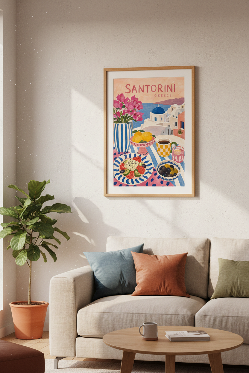 Santorini Greece Travel Art Print | Mediterranean Food Poster | Coastal Kitchen Decor