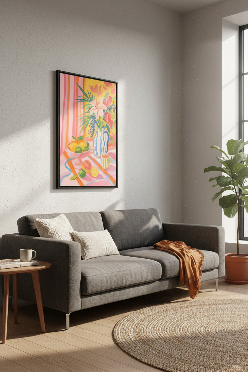 colorful still life | Painterly Pink Yellow Fruit Bouquet, Kitchen Decor