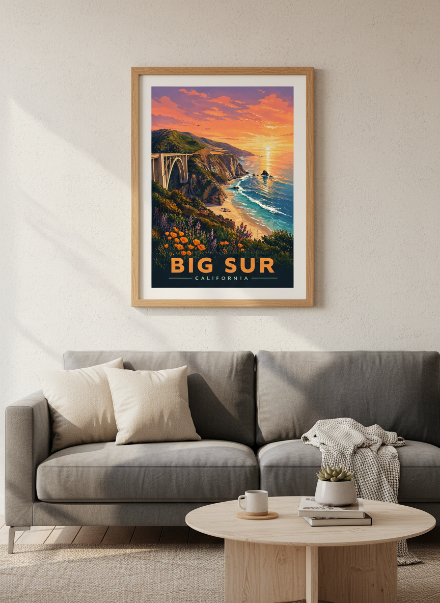 Big Sur California Wall Art Print | Coastal Sunset Poster, Bixby Bridge Decor
