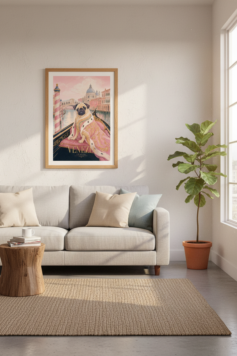 Regal Pug in Venice Wall Art Print | Pink Italian Decor | Whimsical Pet Poster