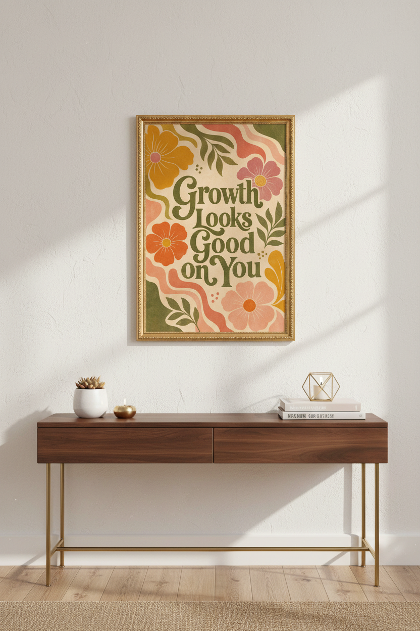 Retro Floral Poster | Vintage Boho Green Peach Living Room Decor