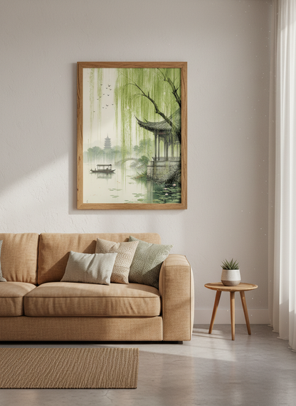 Japanese Zen Landscape Wall Art | Green Willow Pagoda Decor | Asian Nature Poster