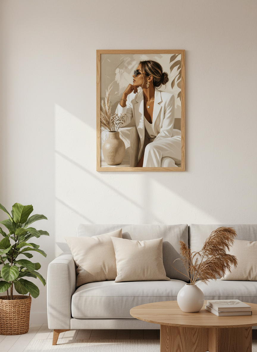 Fashionable Woman in White Suit Art Print | Neutral Beige Decor | Chic Boss Babe Poster