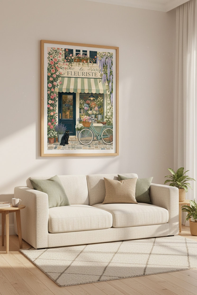 French Flower Shop Art | Pink Roses &amp; Cat Painting, Paris Floral Decor Poster