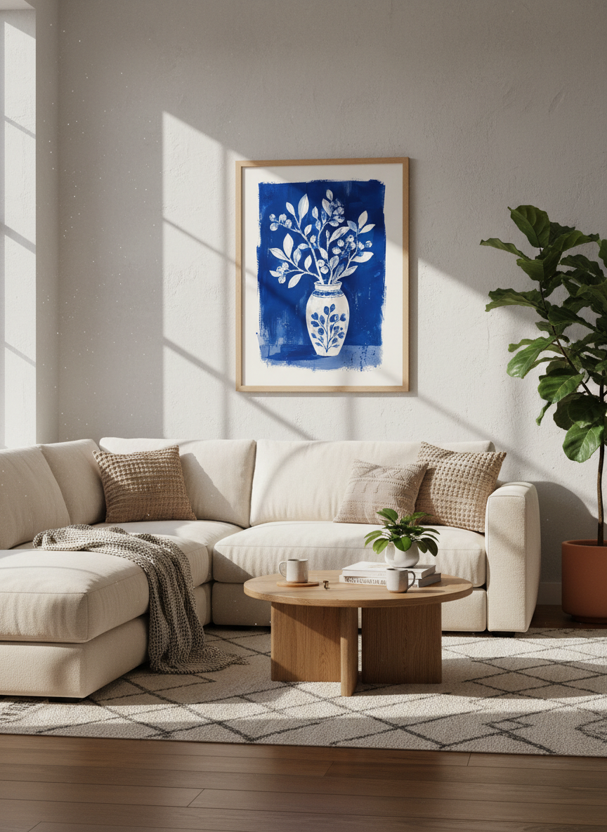 Blue Floral Vase Wall Art | Indigo Botanical Poster, Chinoiserie Decor