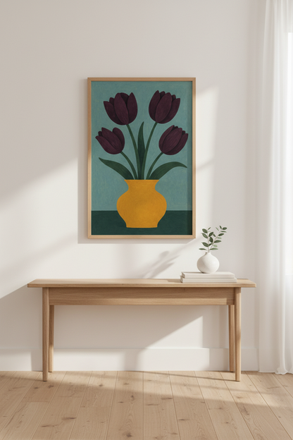 Minimalist Floral Framed Wall Art | Deep Purple Tulips in Vase Poster | Modern Boho Living Room Decor | Ready to Hang Art Print