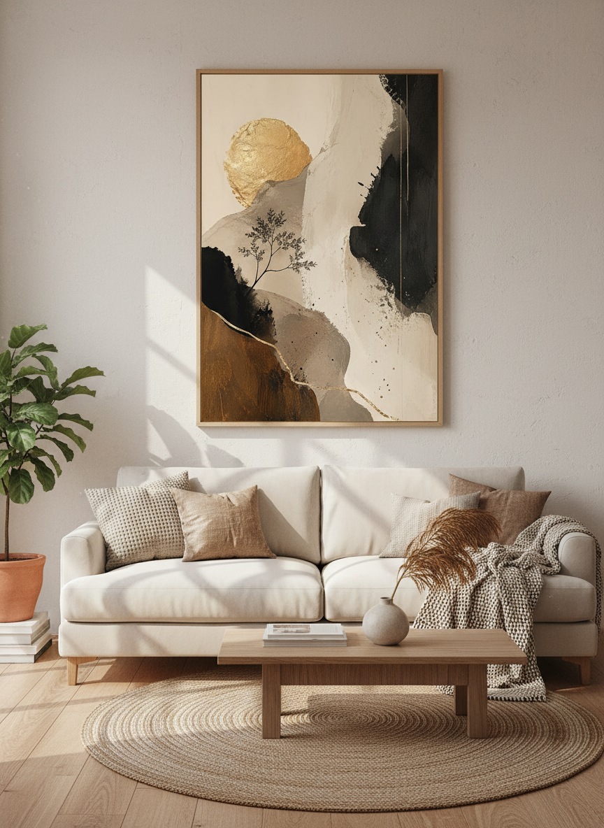 Abstract Gold Sun Landscape Wall Art | Modern Neutral Poster | Japandi Living Room Decor