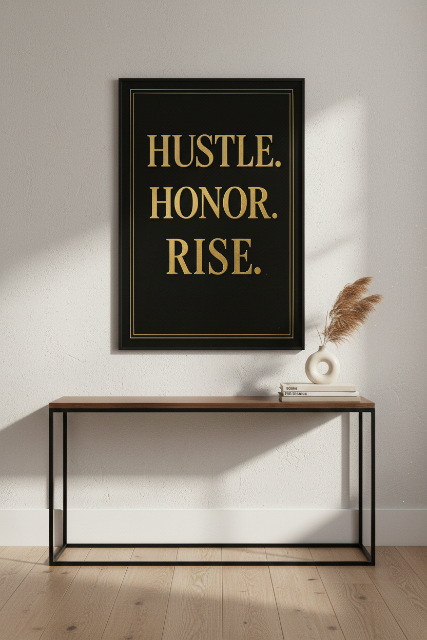 Minimalist Inspirational Quote Wall Art Print | Office Decor | Modern Entrepreneur Poster | Hustle Honor Rise Gold Black Art