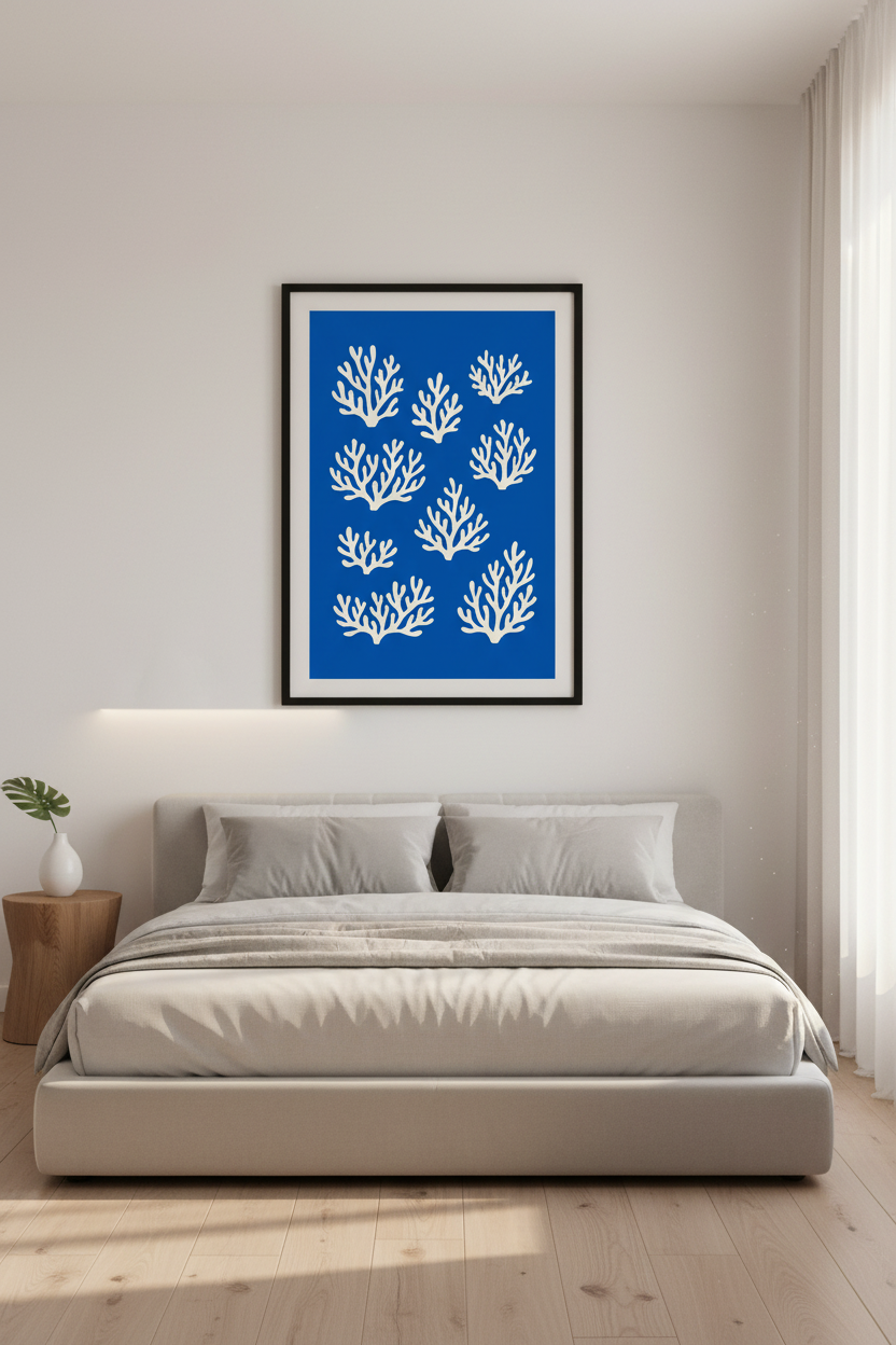 Coastal Minimalist Coral Wall Art Print | Ocean Blue Living Room Decor | Nautical Framed Poster | Ready To Hang Wall Decor