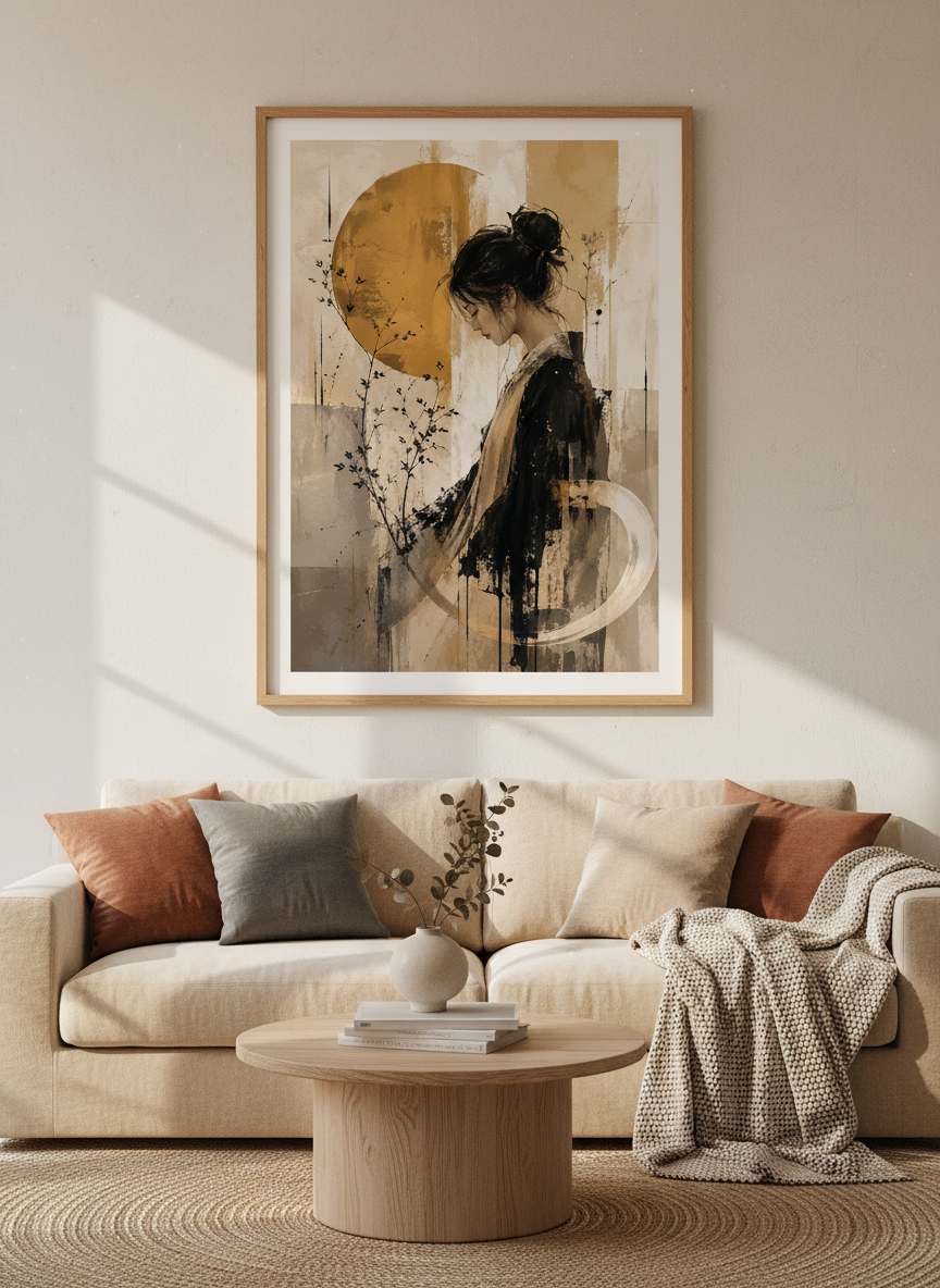 Japanese Woman Portrait | Wabi-Sabi Ochre &amp; Black Art, Zen Bedroom Decor