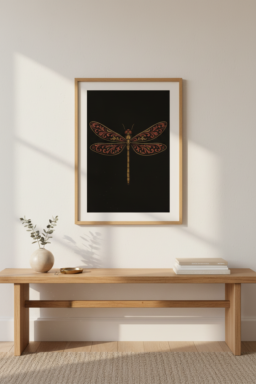 Intricate Dragonfly Wall Art Print | Boho Bedroom Decor | Rustic Gold &amp; Red Framed Wall Art, Ready to Hang Abstract Insect Poster