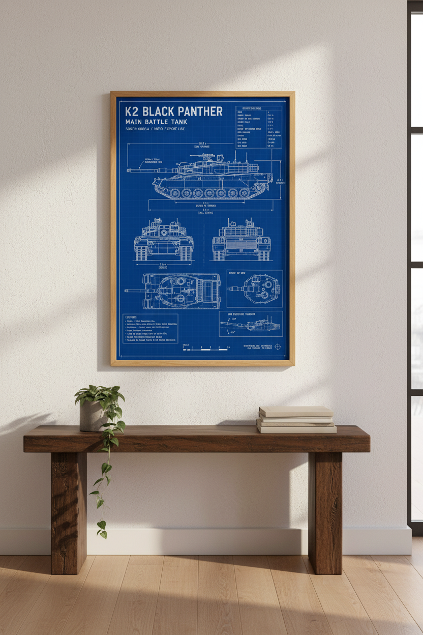 K2 Black Panther Tank Blueprint Wall Art | Military Decor | Blue Technical Poster