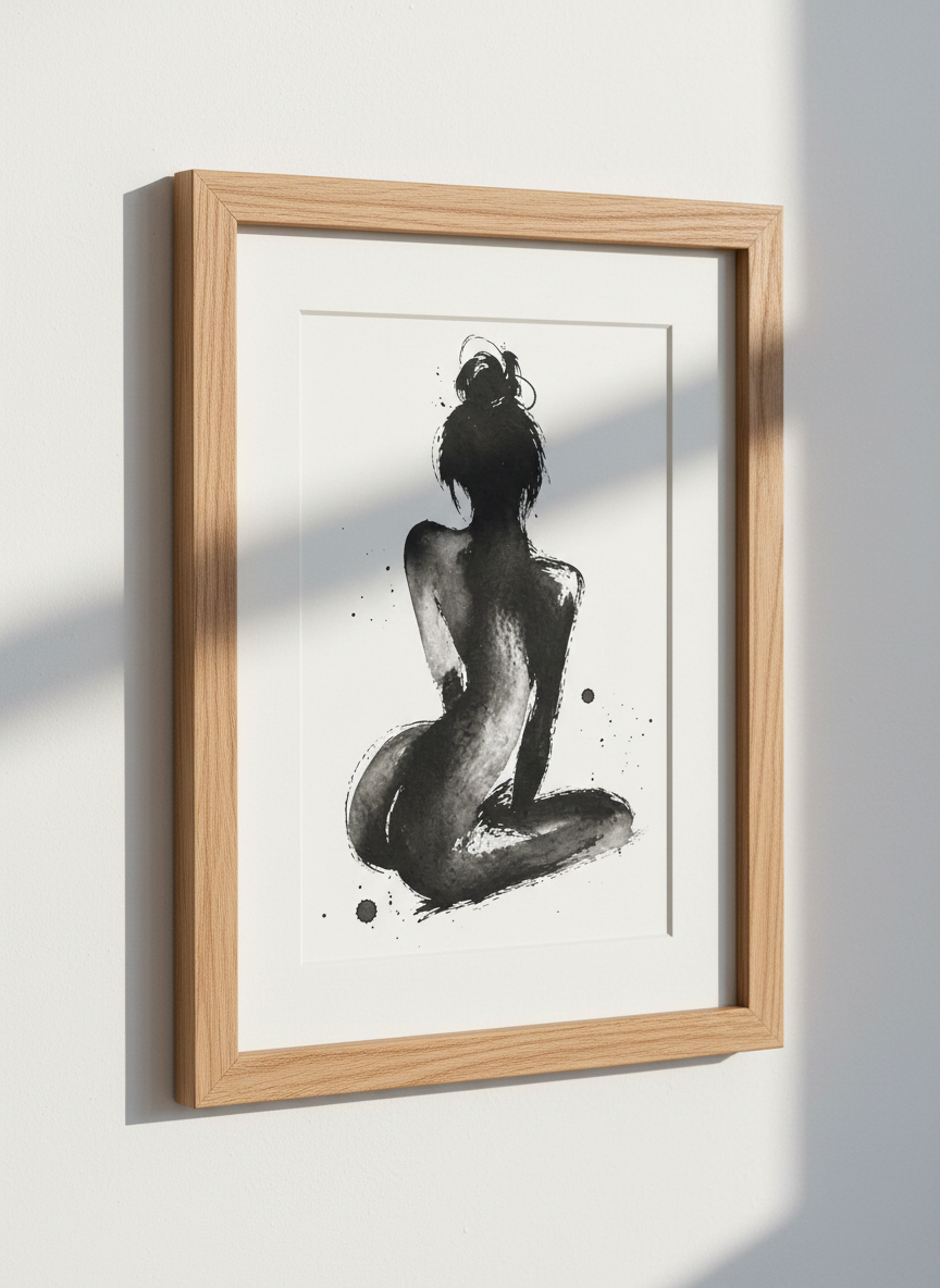Minimalist Sumi-e Woman Figure Line Art Print | Nude Female Body Aesthetic Decor | Zen Brush Stroke Poster | Black and White Ink Art