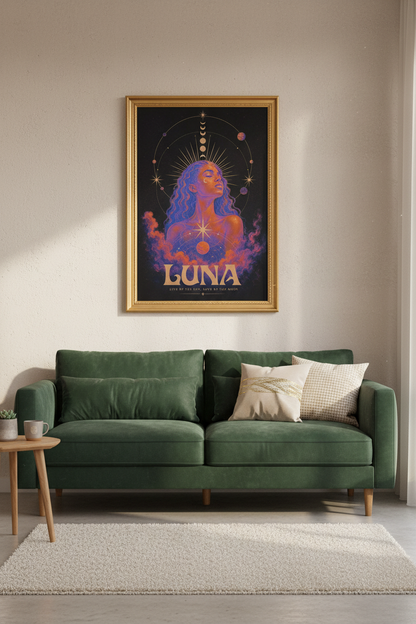 Moon Goddess Print | Celestial Neon Portrait, Bedroom Decor