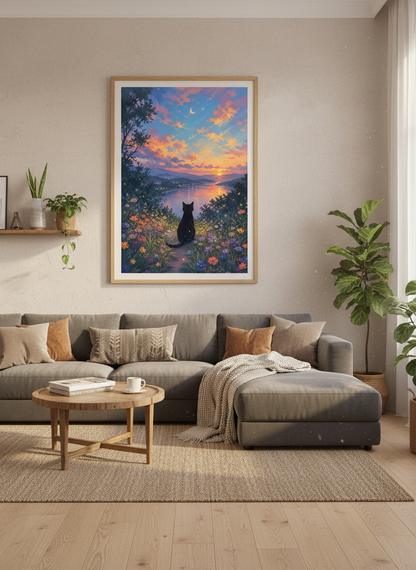 Black Cat Sunset Wall Art | Dreamy Floral Landscape Print | Whimsical Home Decor