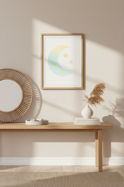 Minimalist Moon &amp; Stars Wall Art | Nursery Decor | Pastel Framed Poster | Kids Room Art | Dreamy Aesthetic | Ready to Hang