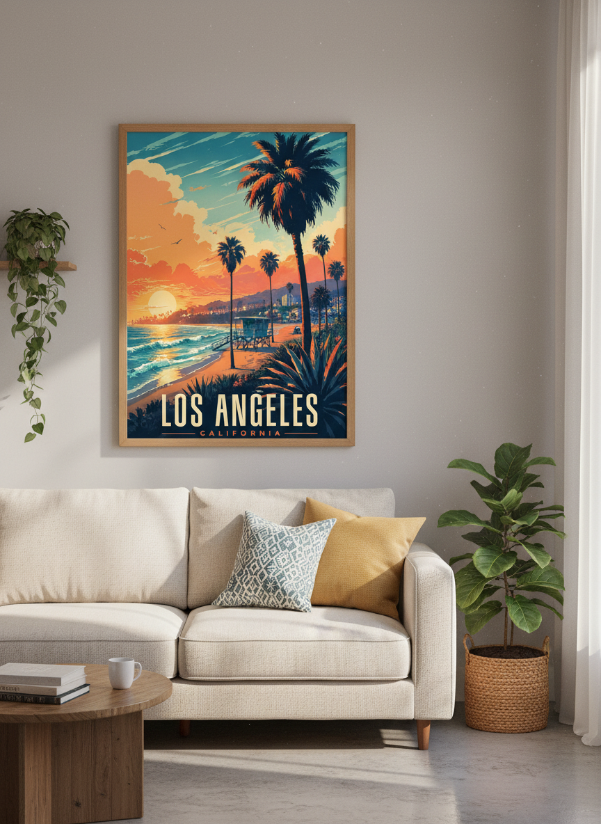 Los Angeles California Sunset Wall Art | Coastal Travel Poster | Vintage Aesthetic Print