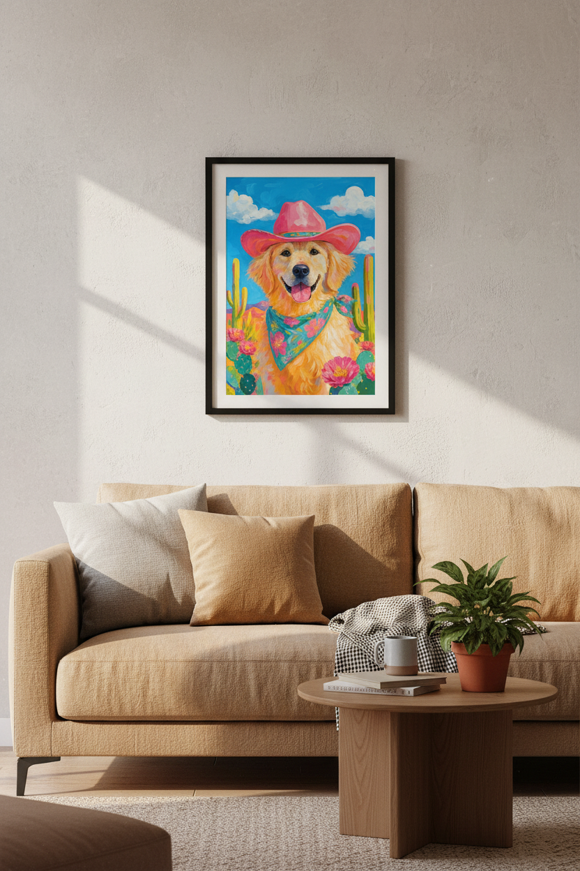 Colorful Dog Art | Vibrant Cowboy Pet Print, Living Room Decor