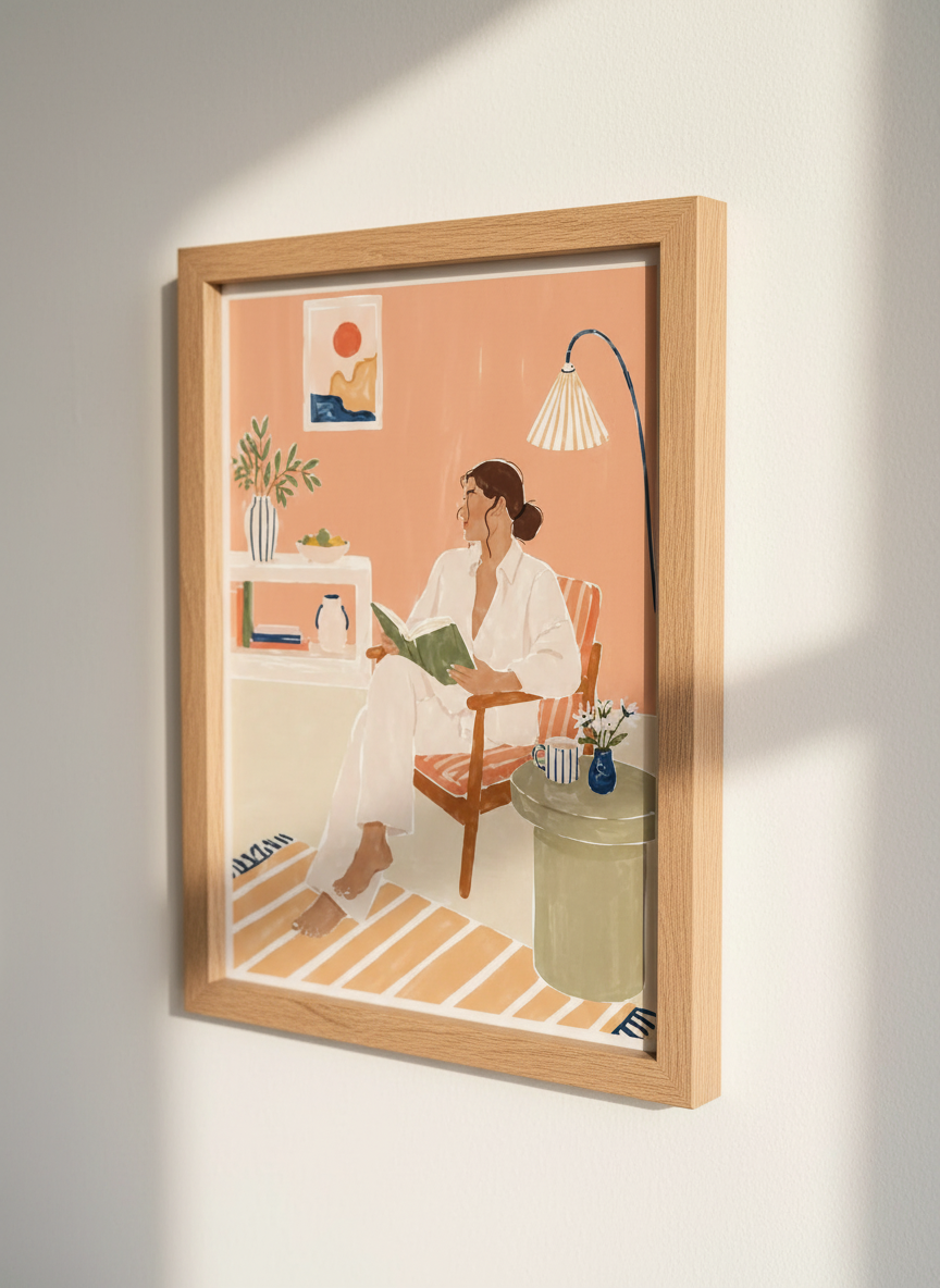Minimalist Woman Reading Art Print | Cozy Living Room Decor | Hygge Aesthetic Poster | Self-Care Artwork | Pink Wall Art