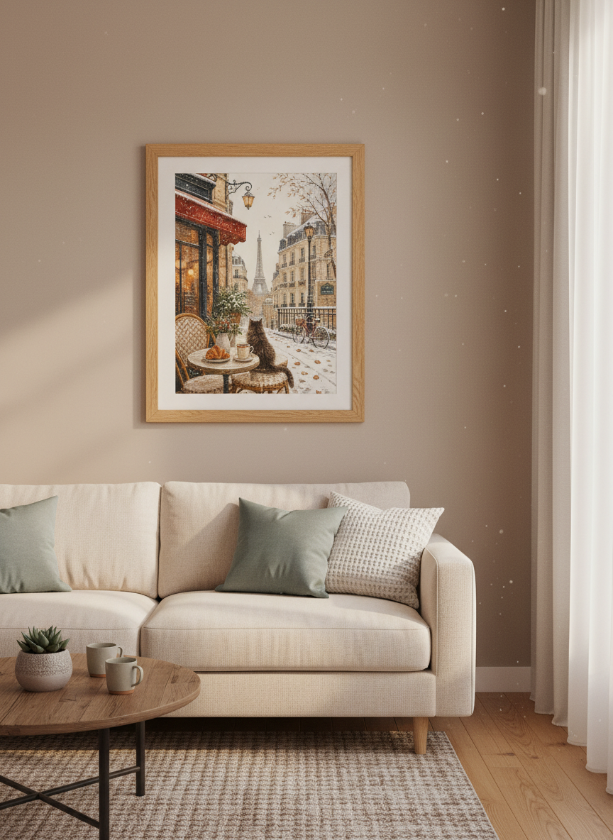 Paris Winter Cafe Wall Art | Cat &amp; Eiffel Tower Print | Cozy aesthetic Poster