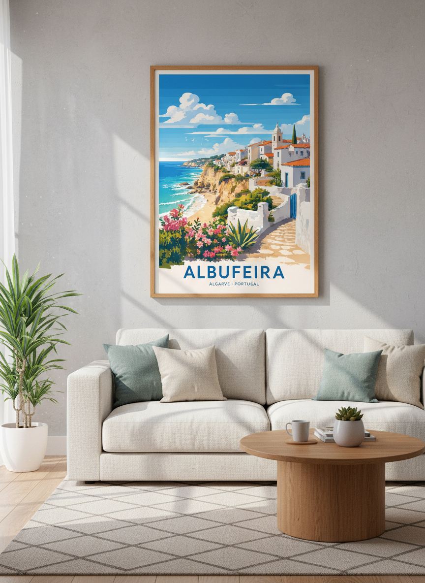 Albufeira Portugal Travel Poster | Algarve Coastal Wall Art Print, Living Room Decor