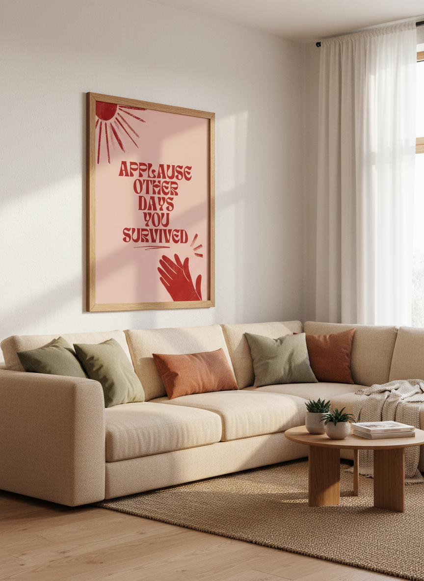 Retro Survival Quote Wall Art | Pink &amp; Red Groovy Poster, Home Office Decor