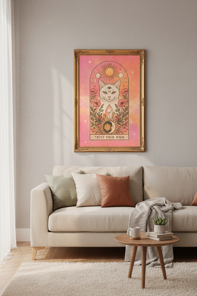 Mystical Cat Poster | Boho Sunmoon Art, Bedroom Decor