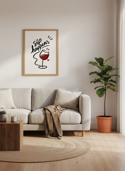 Sip Happens Wine Art Print | Kitchen Bar Decor, Funny Quote | Digital &amp; Physical