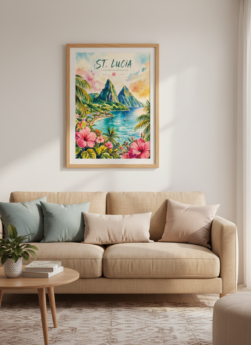 St. Lucia Watercolor Art Print | Tropical Caribbean Decor | Lush Island Poster