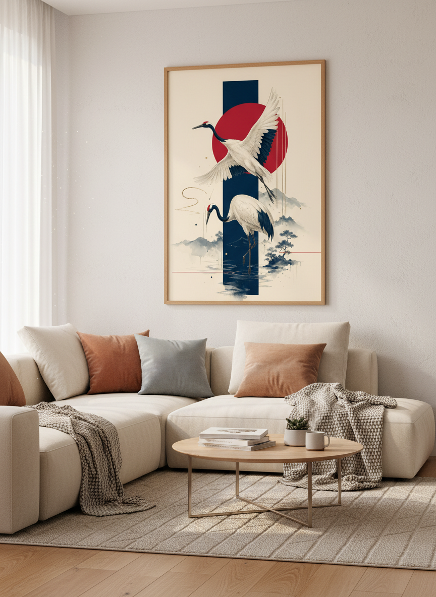 Japanese Crane Wall Art | Minimalist Red Sun Poster, Zen Bedroom Decor