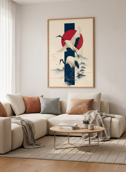Japanese Crane Wall Art | Minimalist Red Sun Poster, Zen Bedroom Decor